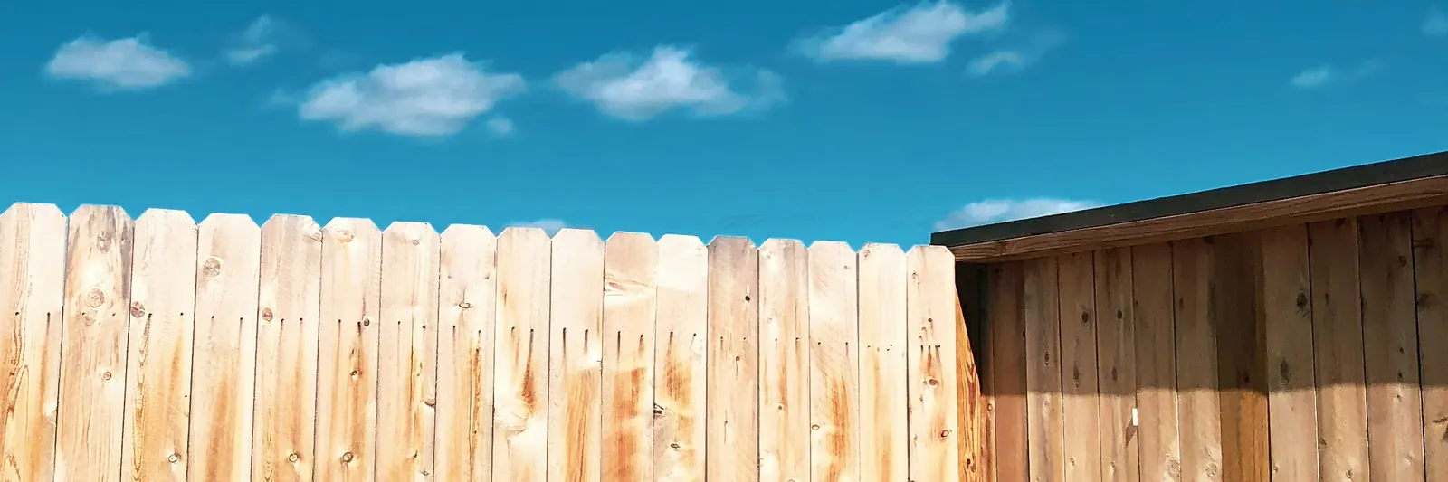 New wood privacy fence under a blue sky